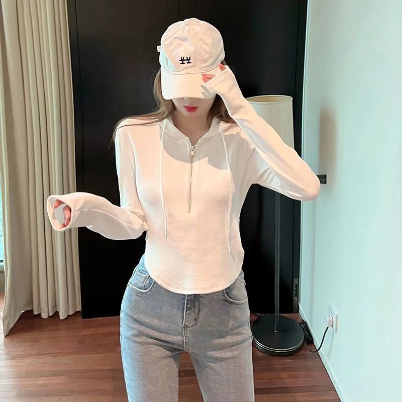 Áo Hoodie Lửng Tay Dài Có Khóa Kéo Phong Cách Hàn Quốc Thiết Kế Mới Dành Cho Nữ