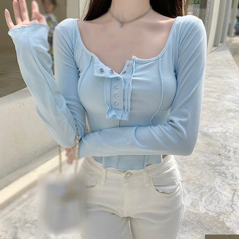 Áo thun tay dài cổ vuông màu sắc đơn giản dành cho nữ