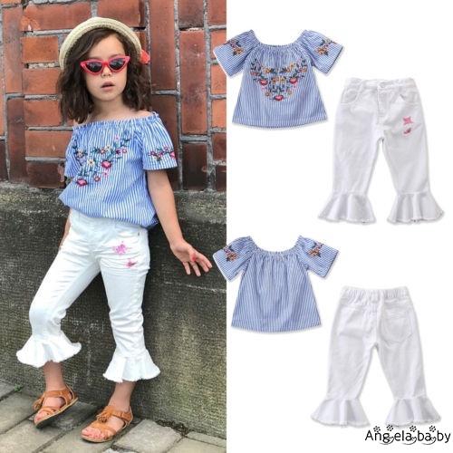 Bộ áo trễ vai + quần denim in hoa cho bé gái