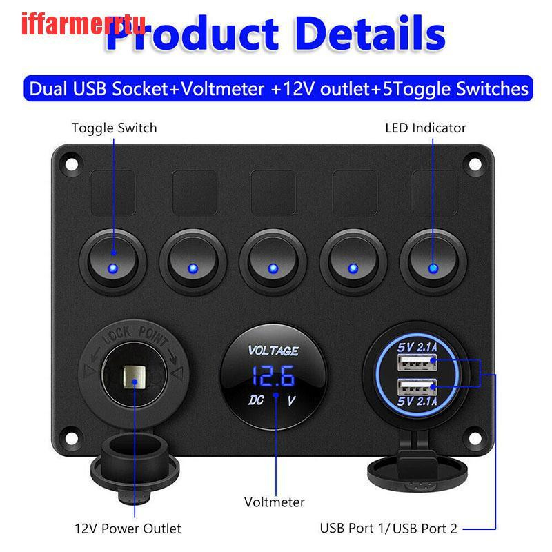 {iffarmerrtu}5 Gang Switch Panel 12V/24V Car Boat Marine Blue LED Rocker Breaker Controls HZQ