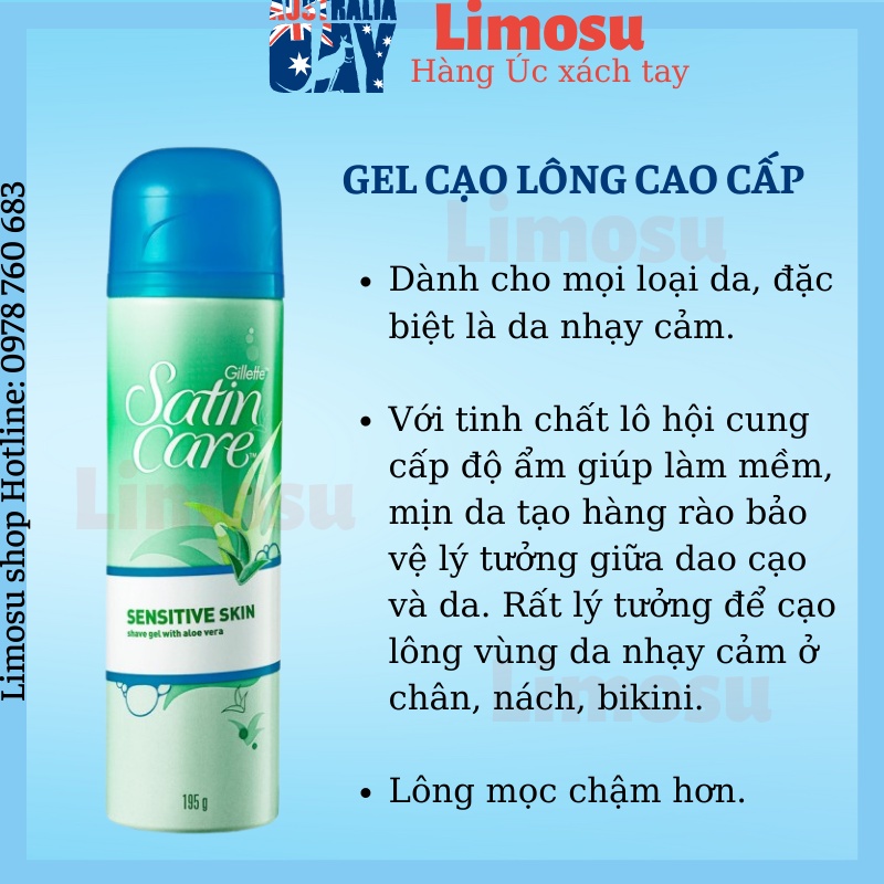 Bọt cạo lông GILLETTE satin care cho da nhạy cảm Gel cạo lông toàn thân và bikini dành cho nam nữ 195g