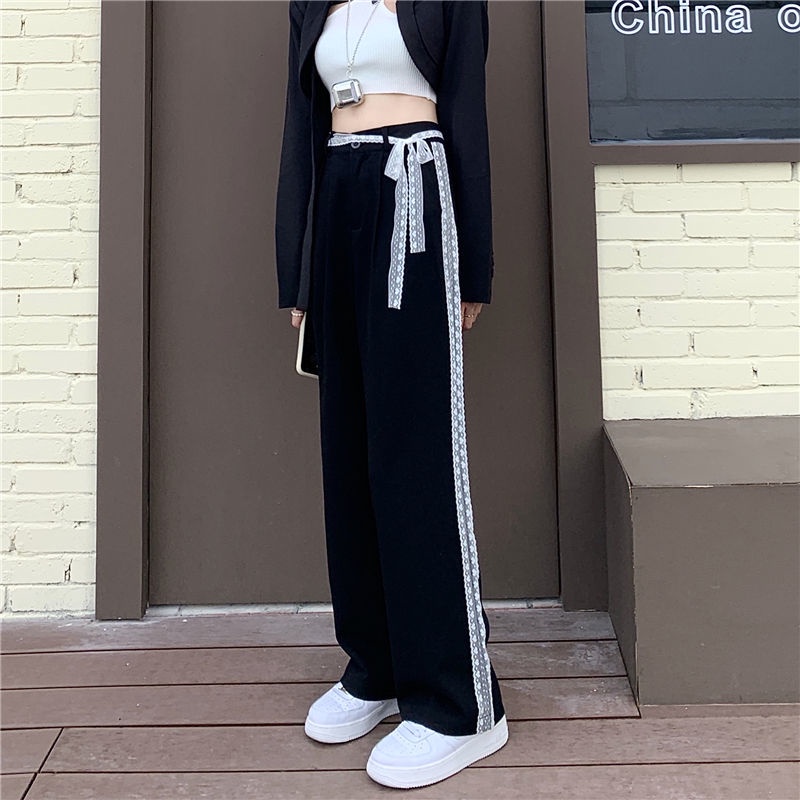 Quần dài lưng cao dáng rộng phối ren thiết kế trẻ trung cho nữ