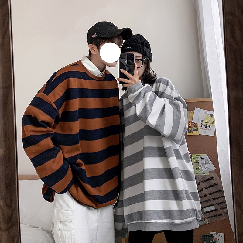 Áo Hoodie không mũ dáng rộng tay dài họa tiết kẻ sọc thoải mái thời trang dành cho cặp đôi | BigBuy360 - bigbuy360.vn