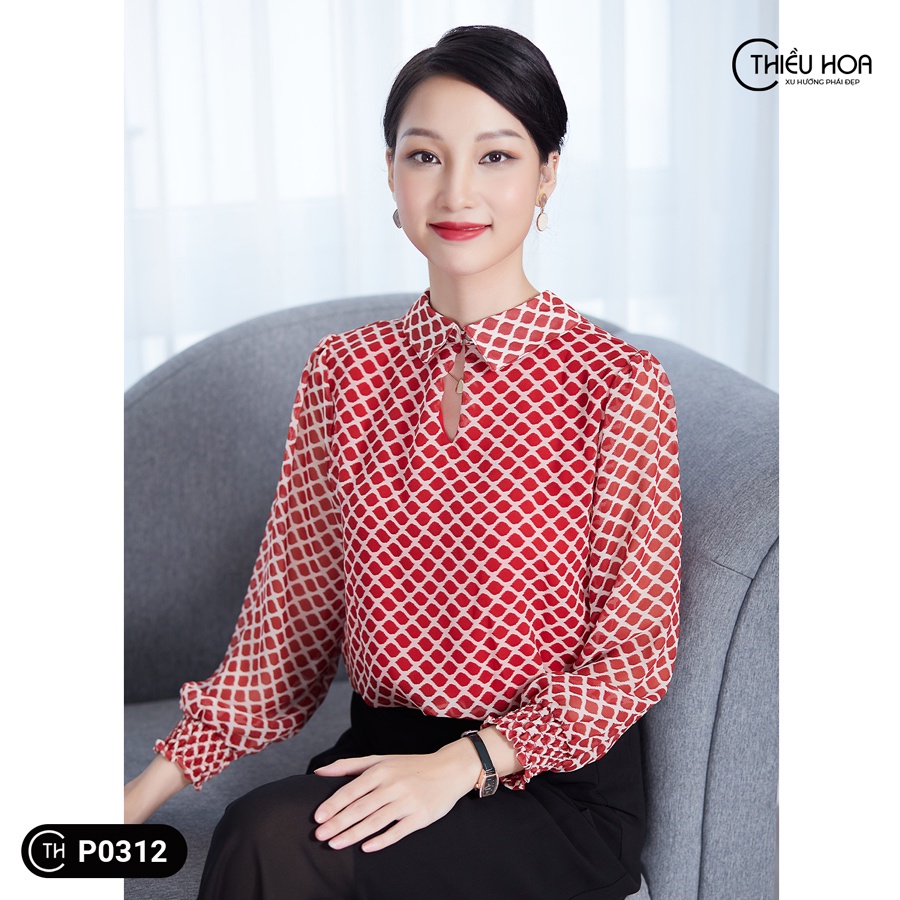 Áo Kiểu Nữ Trung Niên chất liệu Voan cao cấp thiết kế hoạ tiết sang trọng cao cấp THIỀU HOA AD1P0312