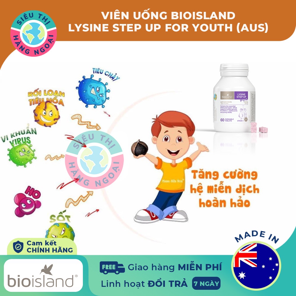 Viên nhai Hỗ trợ Tăng chiều cao cho bé Úc Bio Island Lysine Step Up for Youth 60 viên