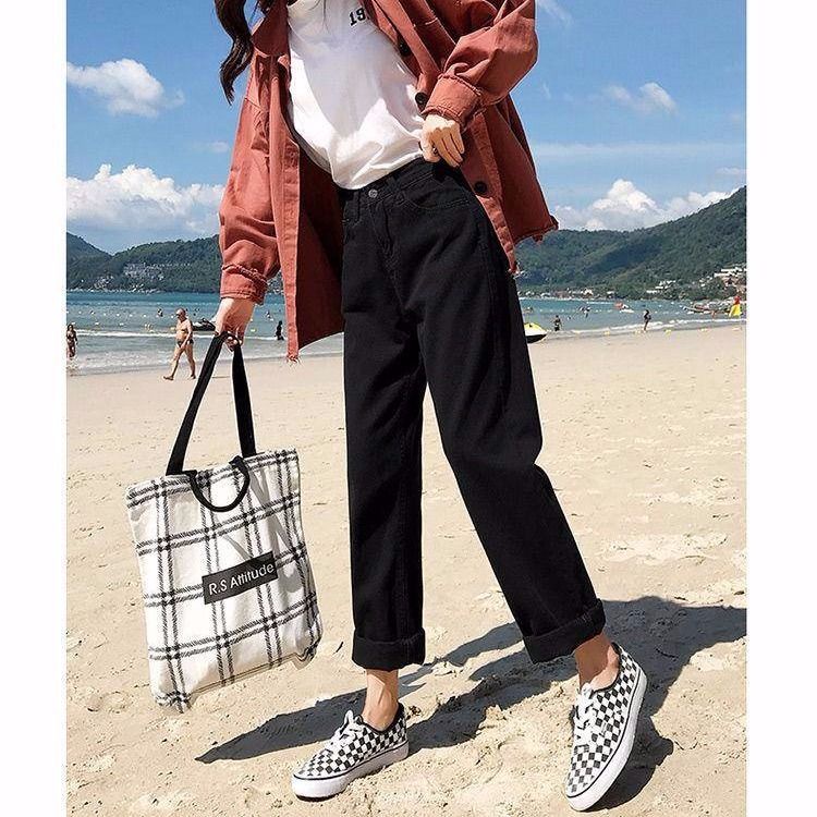 SUXI Quần jean lưng cao dáng rộng phong cách Hàn Quốc dành cho nữ