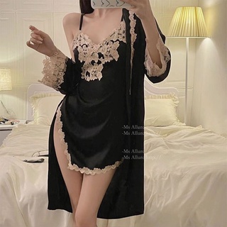 Váy ngủ nữ 2 dây lụa phối ren hoa cao cấp xẻ tà