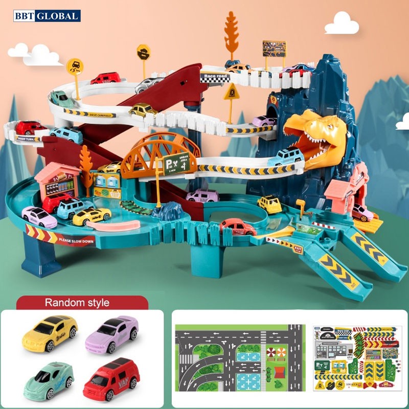 Đồ chơi đường đua kỳ thú đường hầm khủng long kết hợp Garage ô tô 5 tầng có đèn và nhạc BBT GLOBAL