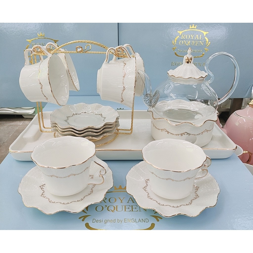 BỘ BÌNH TRÀ  KÈM KHAY VÀ LÓT TÁCH KÈM BẾP CHÂM TRÀ VIỀN VÀNG