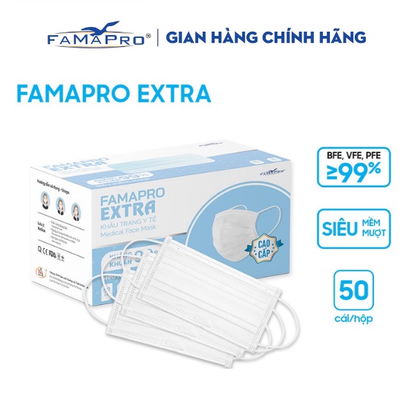 [Extra HỘP 50 CÁI] Khẩu trang y tế kháng khuẩn 4 lớp Famapro Extra (50 cái/ hộp)