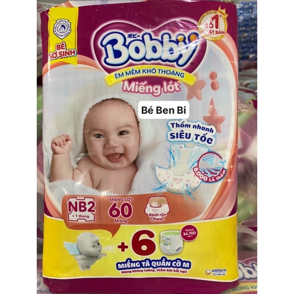 [TẶNG 6M Quần M] Miếng lót sơ sinh Bobby Newborn số 2-60 miếng