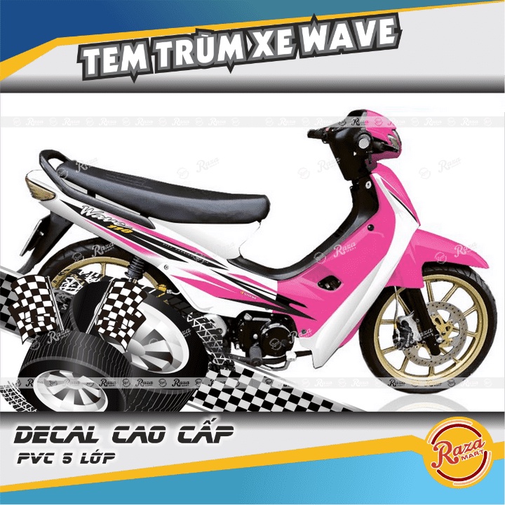 Tem Trùm xe Wave nhỏ, Wave ZX, Wave đời đầu màu hồng trắng | Decal PVC 5 lớp cao cấp | Mã tem: WAV 430
