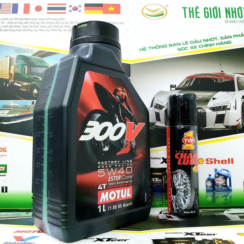 Combo MOTUL 300V 10W40 1L và Rửa sên Top 1 82ml