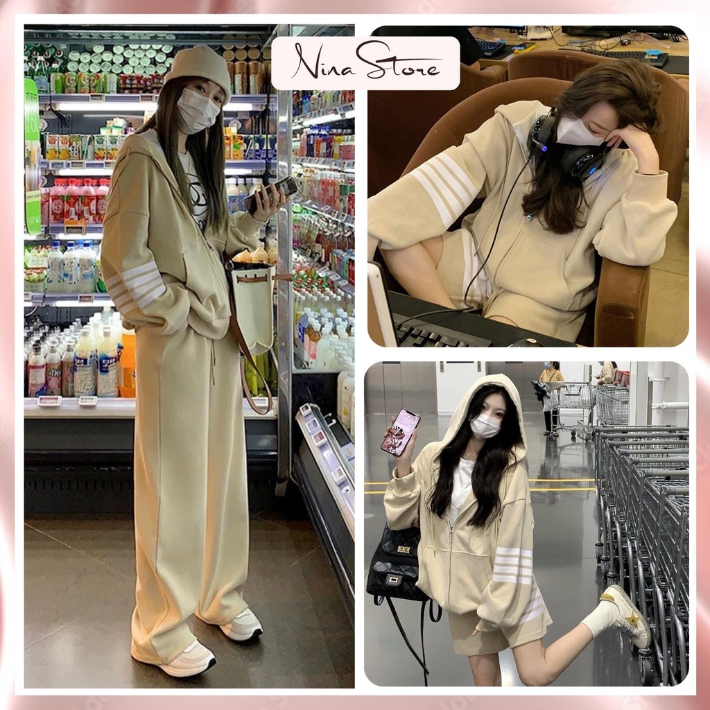 Sét bộ áo khoác nỉ hoodie zip nam nữ Thome Browne khóa kéo có mũ tay phối sọc trắng kèm quần cạp chun dày dặn NinaStore