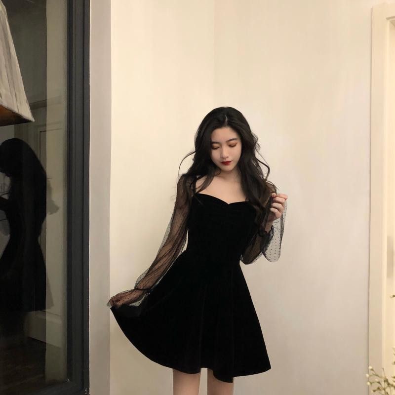 [ORDER] Đầm đen nữ tay dài ren lưới tay áo phồng cổ vuông ulzzang