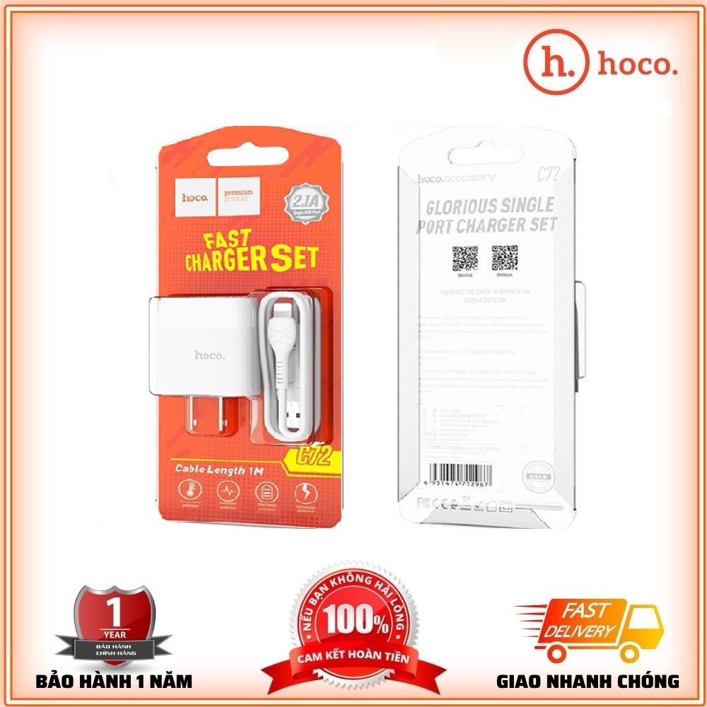 Bộ Củ Sạc Hoco C72/C72A-Hỗ Trợ Sạc Nhanh 2.1A Kèm Dây/Micro USB/Type C-Bảo Hành 12T