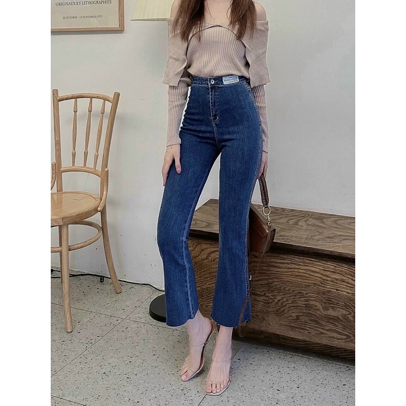 quần jean ống loe lưng cao mạc trắng (hàng sẵn )