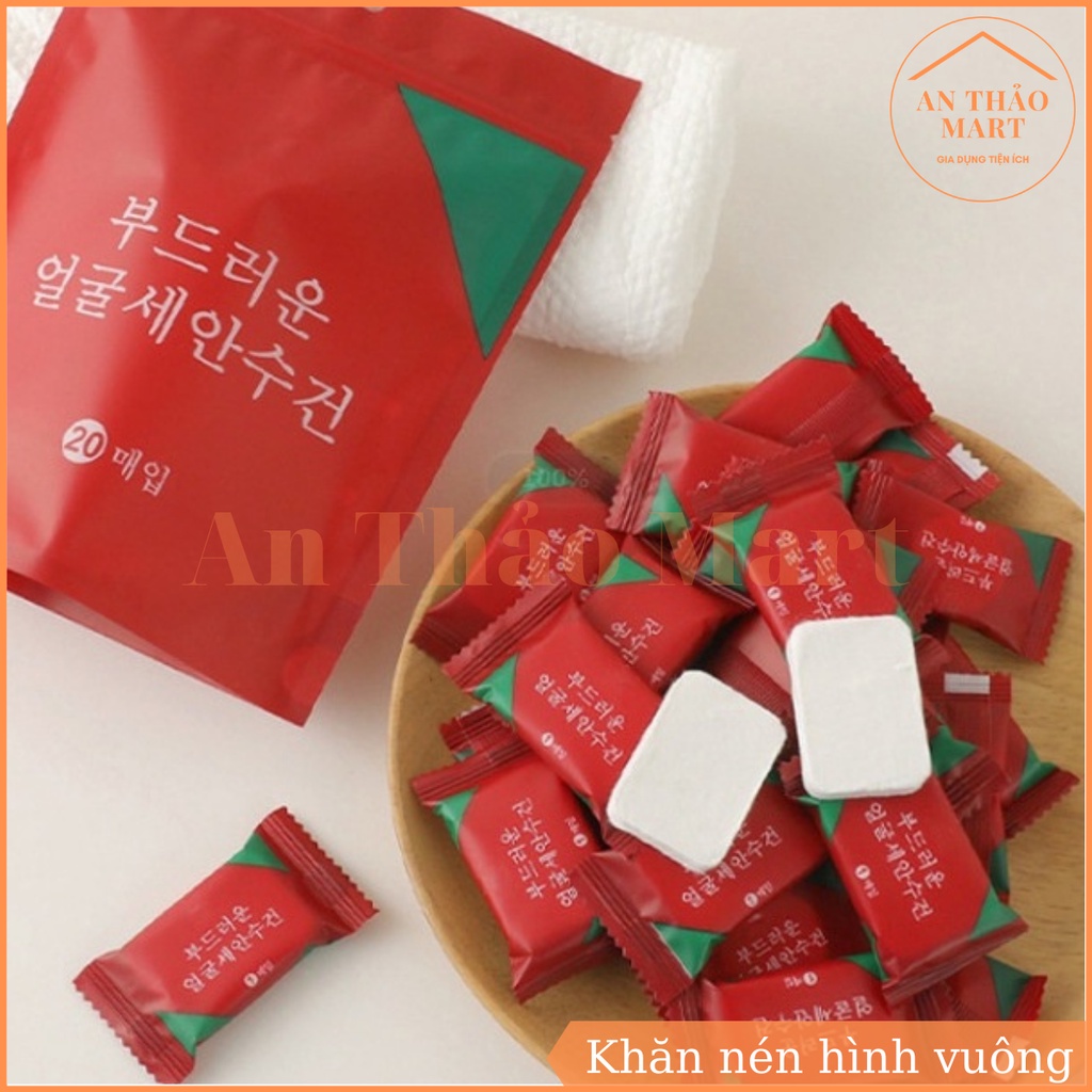 Túi 20 viên khăn nén viên kẹo hình vuông, Khăn giấy dạng nén bằng cotton dùng một lần