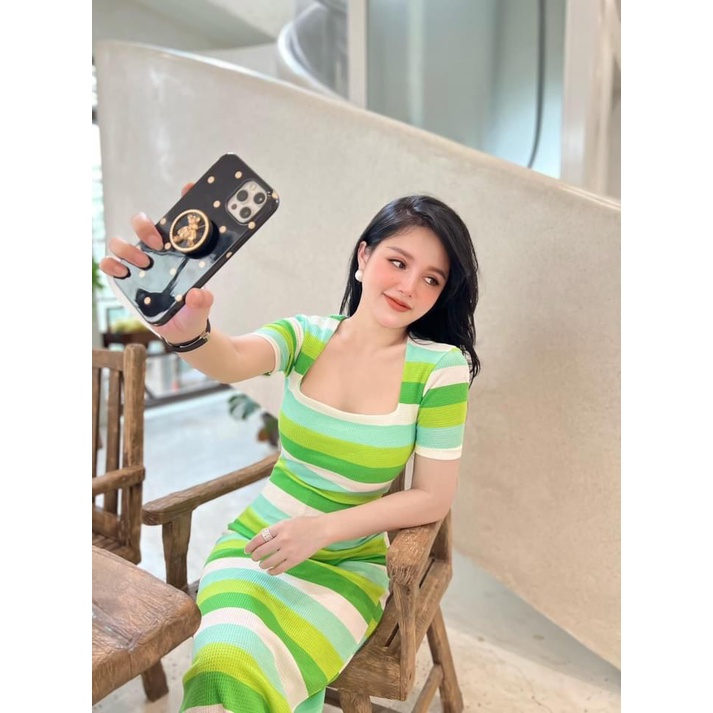 Đầm Body Sọc Ngang Cổ Vuông Thun Lạnh