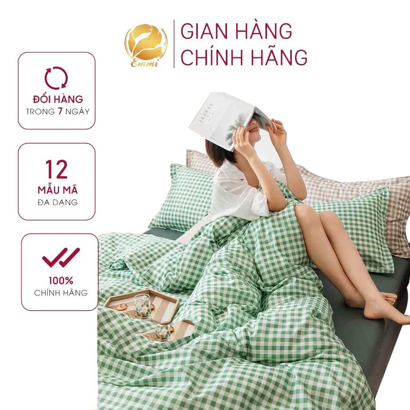 Bộ chăn ga gối , coton poly Emmibedding họa tiết kẻ ô vuông đủ size miễn phí bo chun