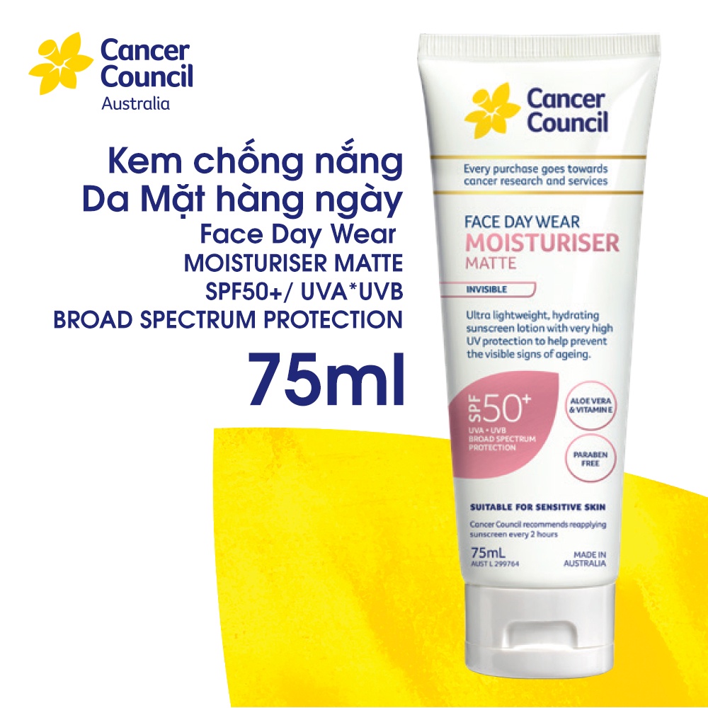 Kem chống nắng dành cho da mặt dạng lì, vô hình - Cancer Council Face Day Wear SPF 50+/PA ++++ 75ml