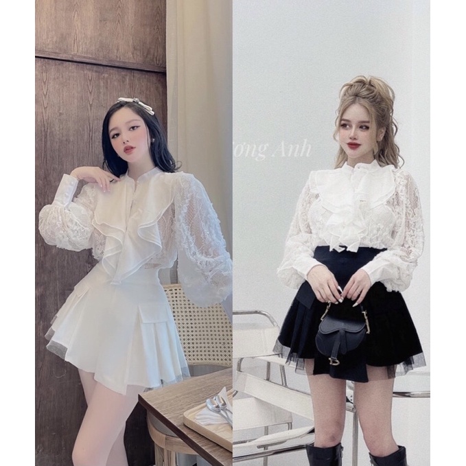 Set tiểu thư 3 món áo sơ mi ren phối bèo, áo 2 dây, chân váy phối lưới, hàng hotgirl