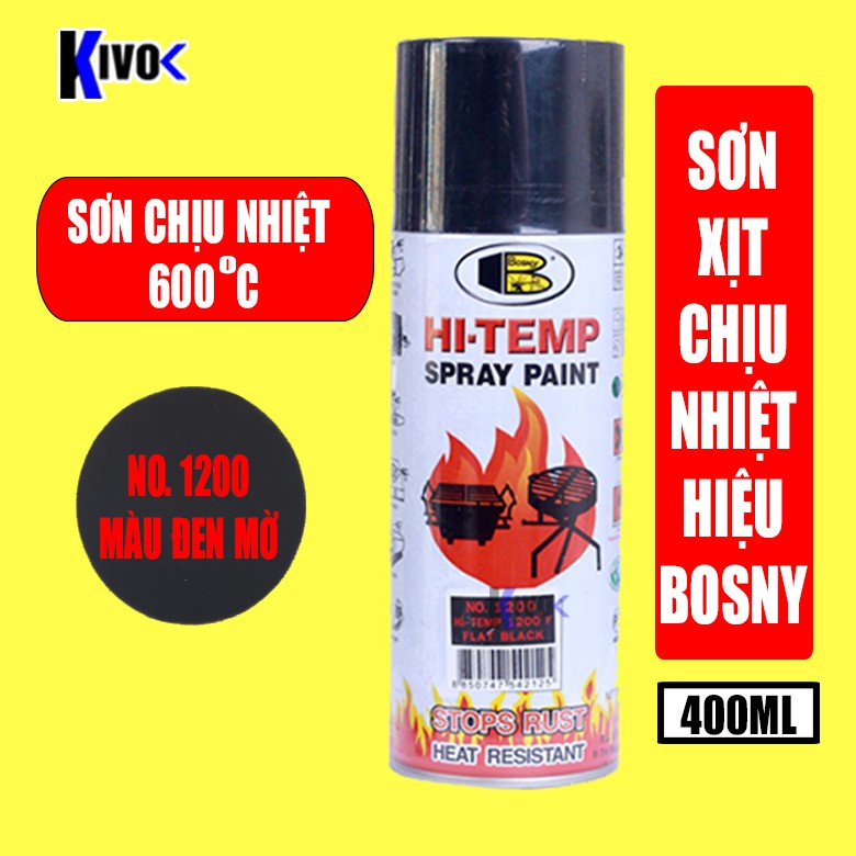 Sơn Xịt Chịu Nhiệt BOSNY HI-TEMP SPRAY PAINT 400ML NO. 1200 Màu Đen Mờ - Sơn Xịt Pô Xe Máy - Sơn Xịt Chống Cháy -Kivo