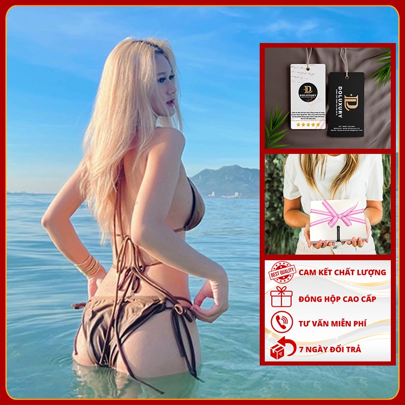 Bikini Đồ BơiTam Giác Đi Biển DOLUXURY Bikini 2 Mảnh Phối Khoen Màu Nâu Đồng Cực Chất Đóng Hộp Cao Cấp