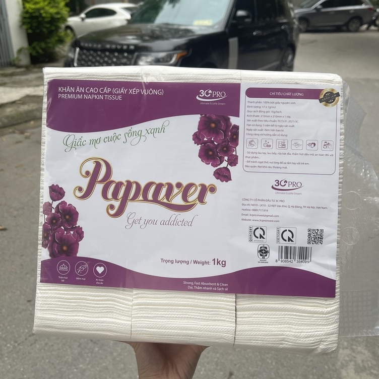 Giấy ăn Nhà hàng Papaver bịch lớn 1kg, siêu mềm, siêu dai, 100% bột giấy nguyên sinh, không bụi