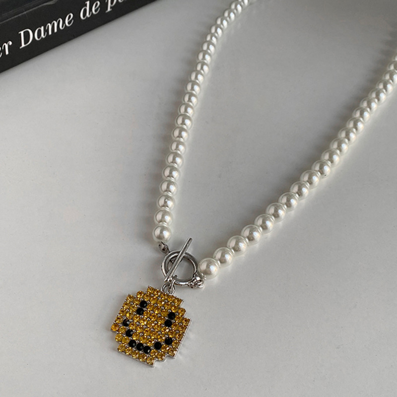 Dây chuyền ngọc trai mặt cười phong cách hip hop Nhật Bản