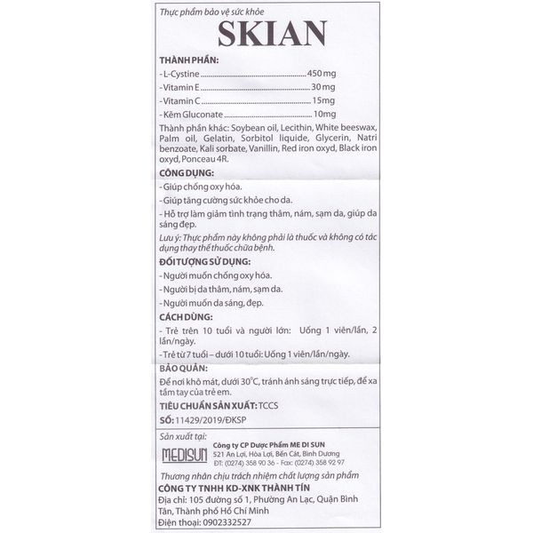 ✅[Chính hãng SKIAN] Viên uống đẹp da, chống lão hoá, giảm nám, sạm da chứa L-cystine / L-cystin_ Hộp 60v