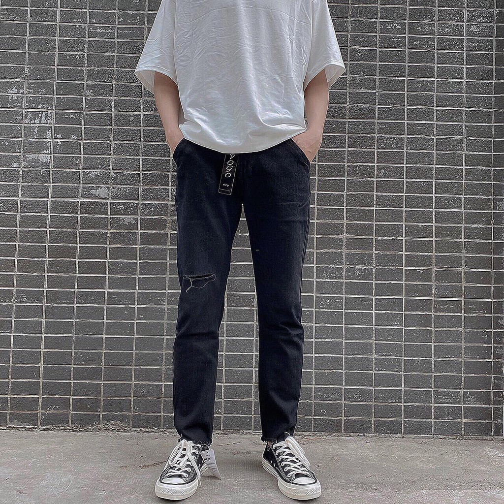 Quần Jean YAYSHOP dáng suông Rách gối nam đen unisex tôn dáng
