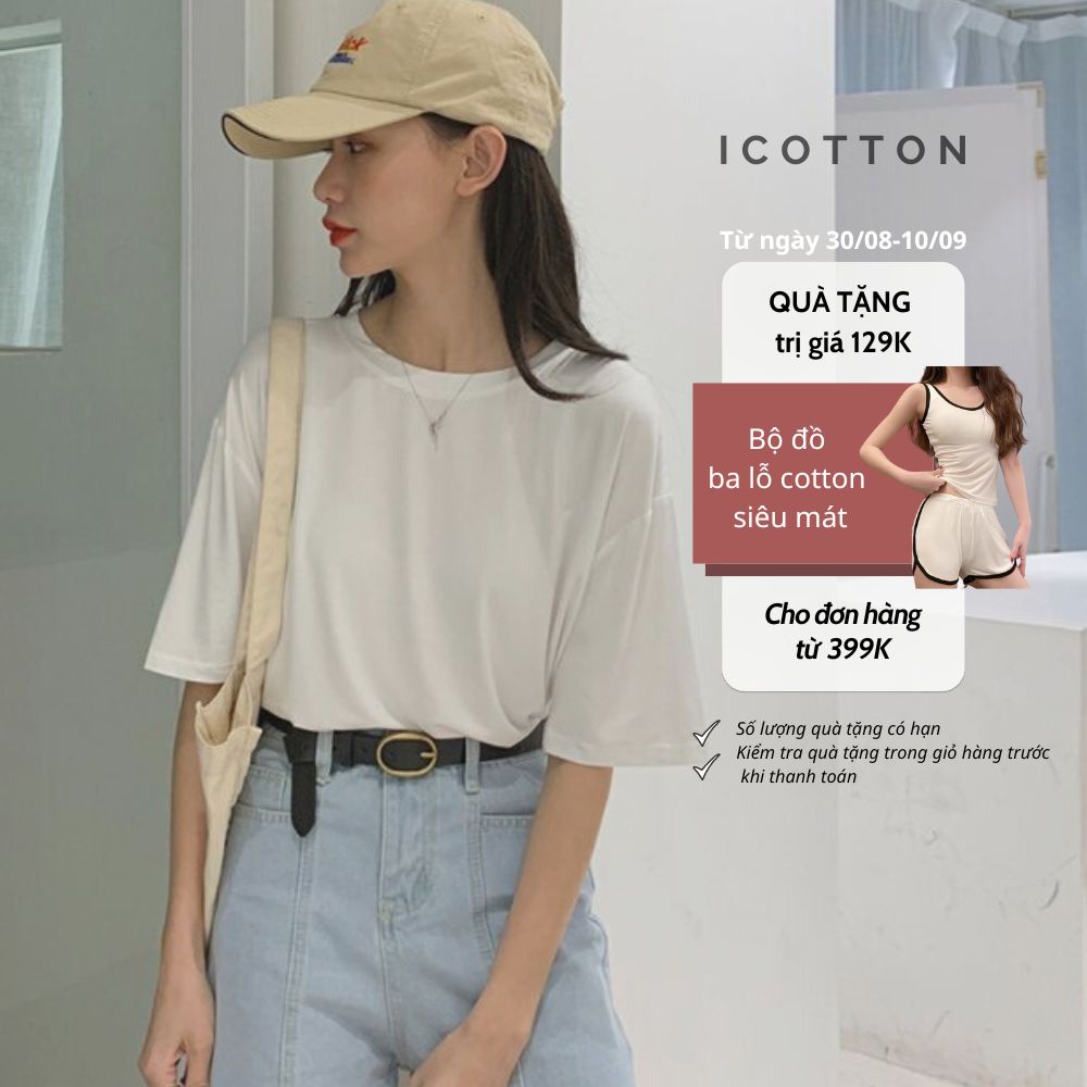 Áo thun form rộng tay lỡ ❤ICOTTON❤️ áo phông trơn trắng đen ghi 100% cotton cao cấp, kiểu dáng oversize, basic