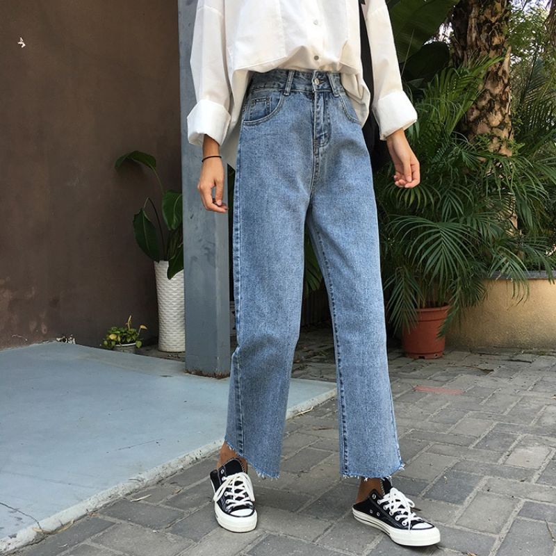 Quần Jeans Suông Lưng Cao Catty Bigsize, Quần Ống Rộng Tua Lai Lưng Cao bigsize nữ
