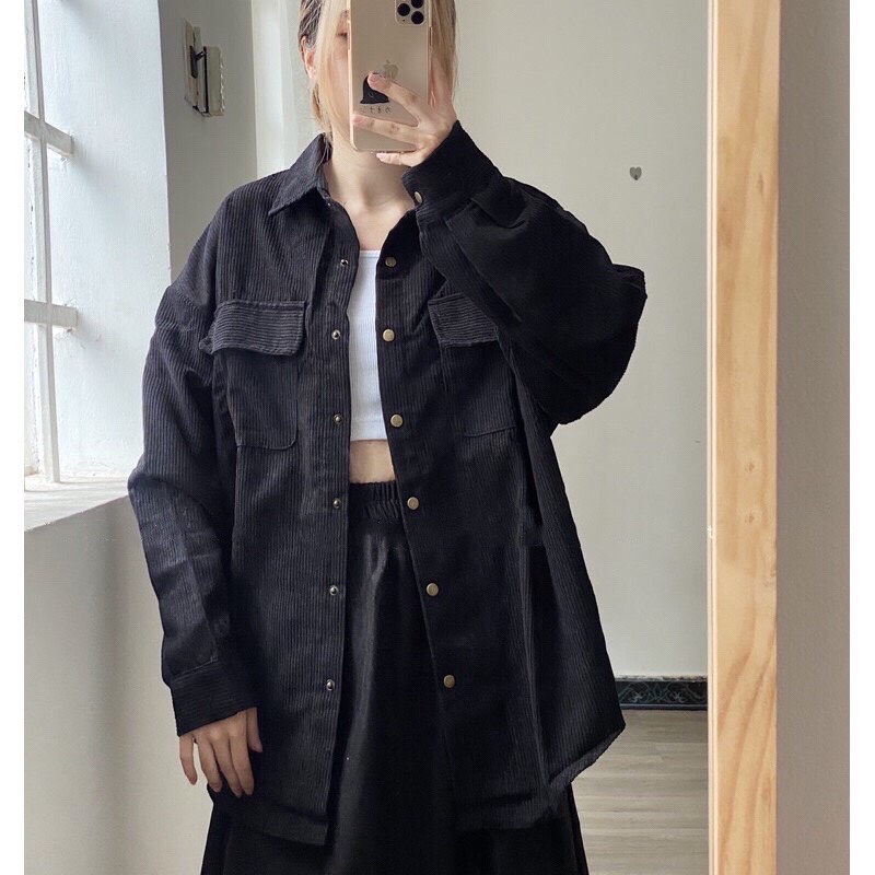 Áo Sơ Mi Nhung Tăm Gân 2 Túi Nút Bấm Form Rộng Unisex Nam Nữ Style Hàn Quốc Ulzzang KUN | WebRaoVat - webraovat.net.vn