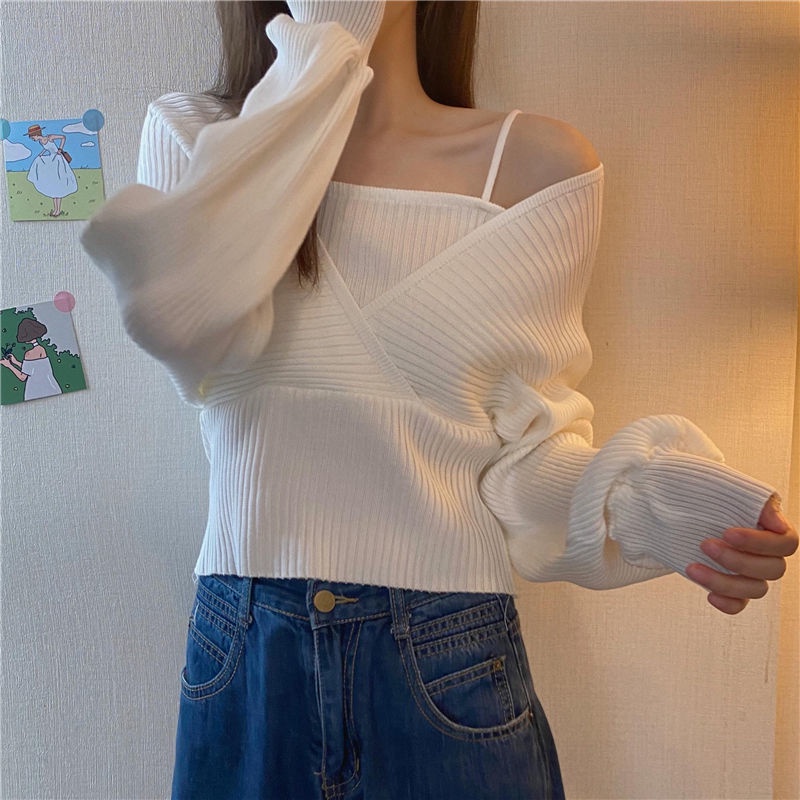 Áo sweater cổ vuông tay phồng giả hai mảnh thiết kế mới xuân thu dành cho bạn nữ 2021