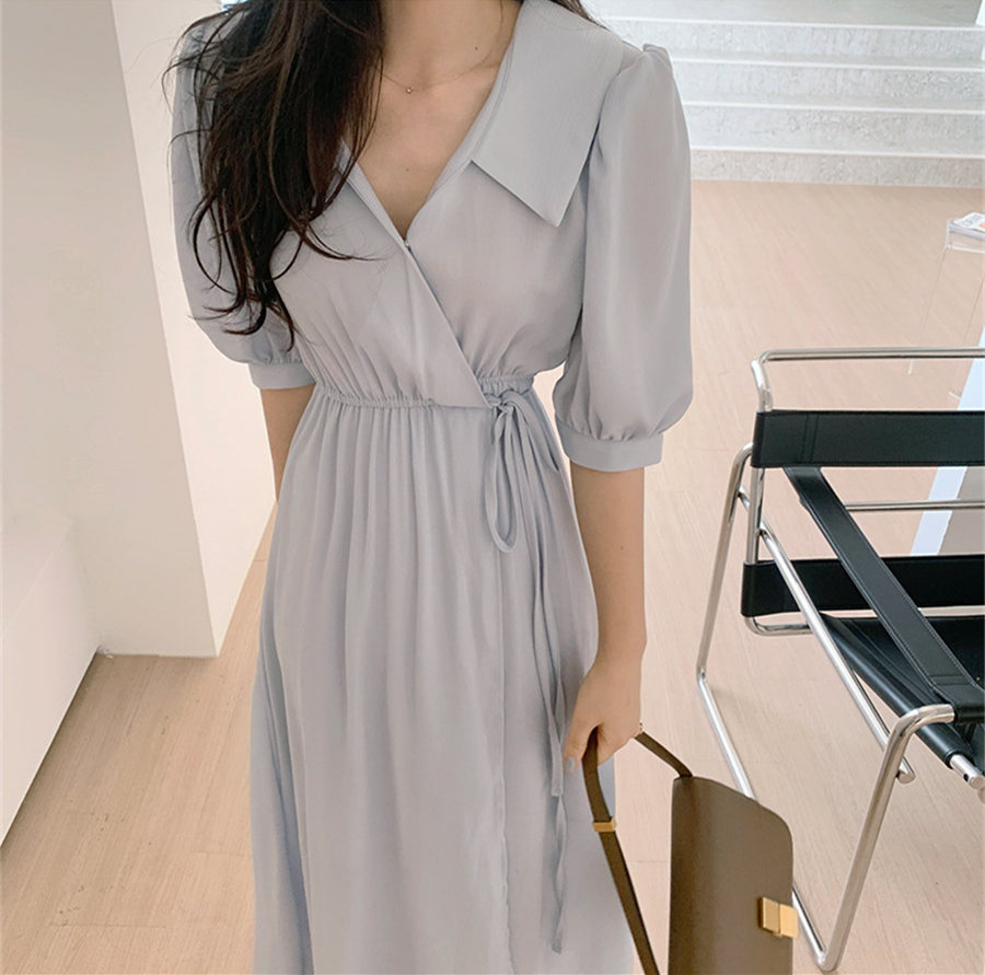 Đầm maxi tay phồng cổ chữ V trơn màu xinh xắn dành cho nữ 35177