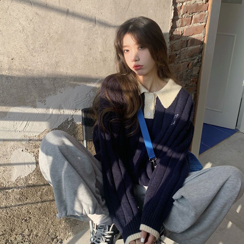 Áo croptop tay dài  áo len kiểu nữ Áo Sweater Cổ Polo Dày Dặn Dáng Rộng Thời Trang Thu Đông 2022 Mới Mẻ Cho Nữ