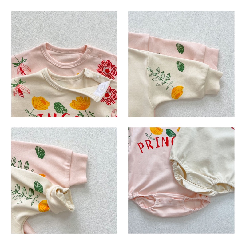 Bộ Áo Liền Quần Dài Tay In Hoa Cho Bé Gái Sơ Sinh