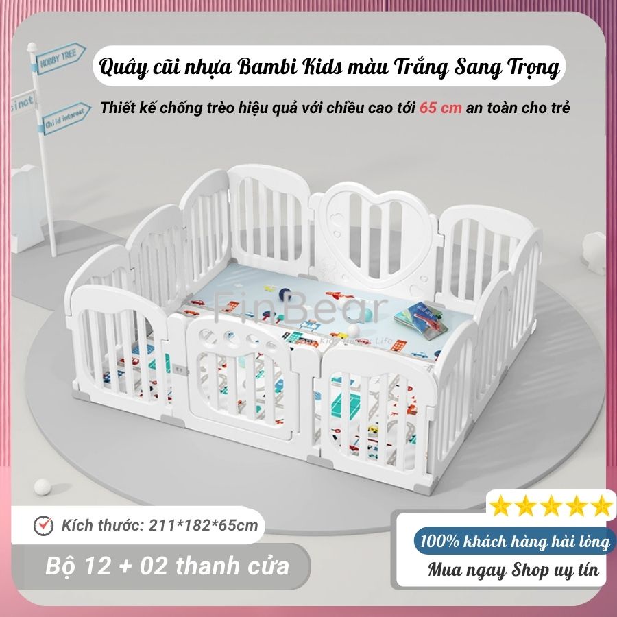 Quây cũi nhựa Bambi Kids màu Trắng nhiều kích thước, Cũi nhựa nguyên sinh cao 65cm an toàn cho bé FINBEAR