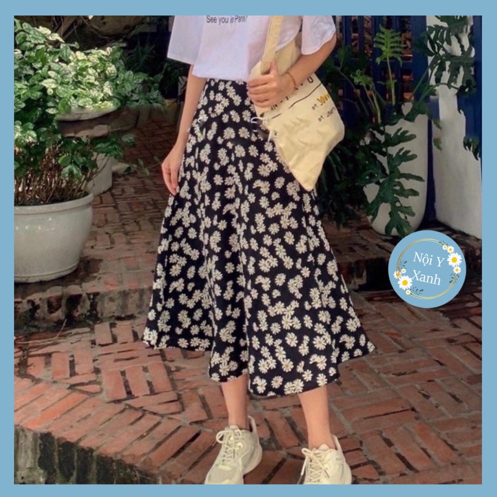 Chân váy dài midi hoa nhí siêu hot chất mát, phom đẹp, nội y xanh
