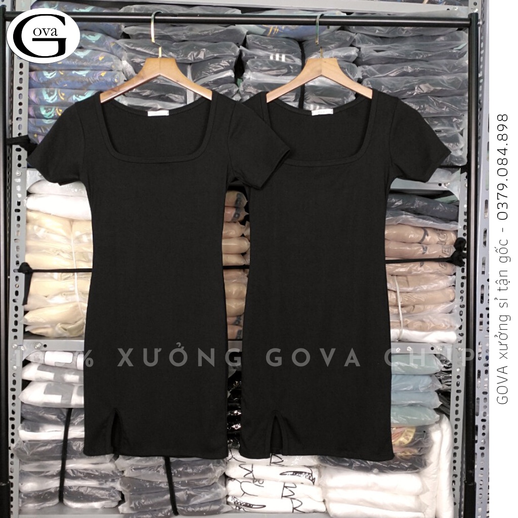 Đầm Váy Body Cổ Vuông Xẻ Đùi Trước Tay Ngắn Thun Borip Ôm Sexy Gợi Cảm GOVA