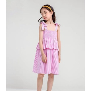 Đầm hồng kẻ sọc 2 dây nhún Smock ngực, chân váy 2 tầng