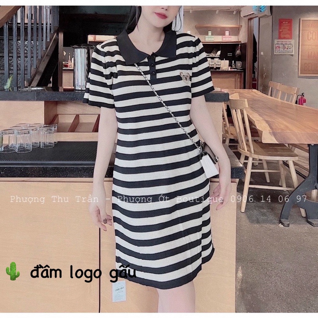 đầm polo tay ngắn kẻ sọc ngang thêu logo gấu cute p