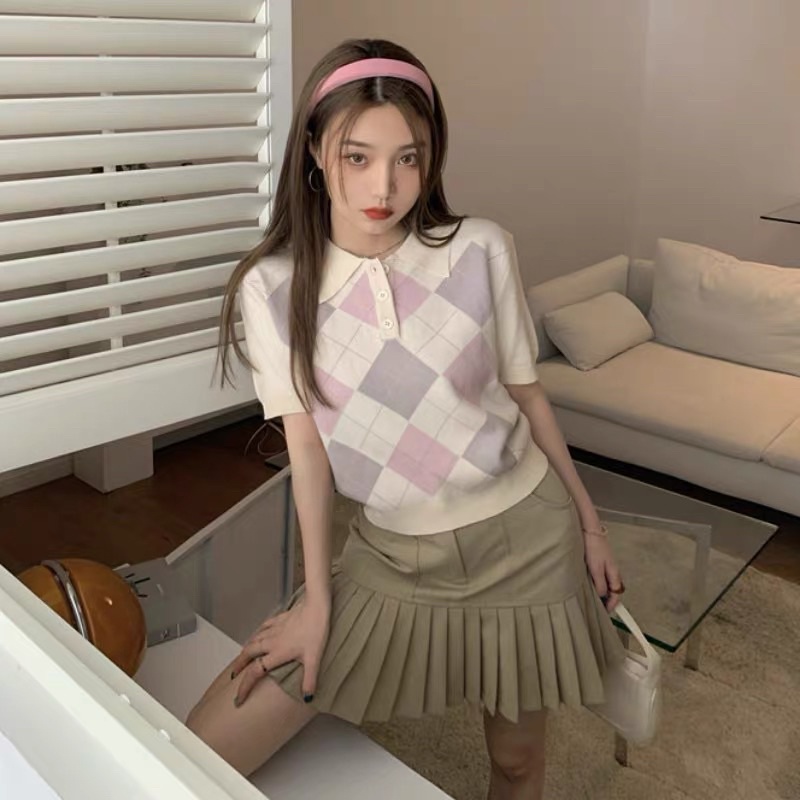 [ SẴN ] Áo polo croptop ô trám ( 2 màu: trắng/ đen ) | BigBuy360 - bigbuy360.vn