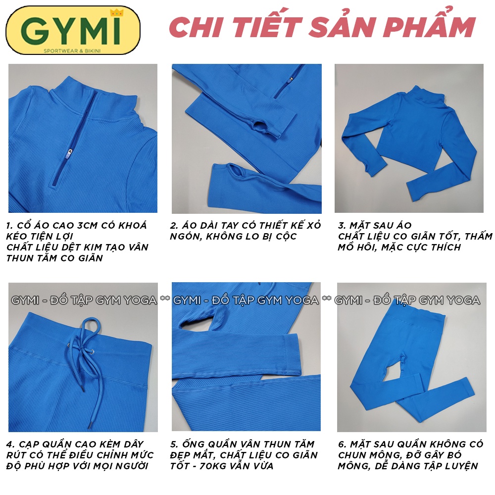 Set bộ đô tập gym yoga nữ GYMI SET29 dáng Botee thể thao gồm áo croptop dài tay và quần legging chất thun gân