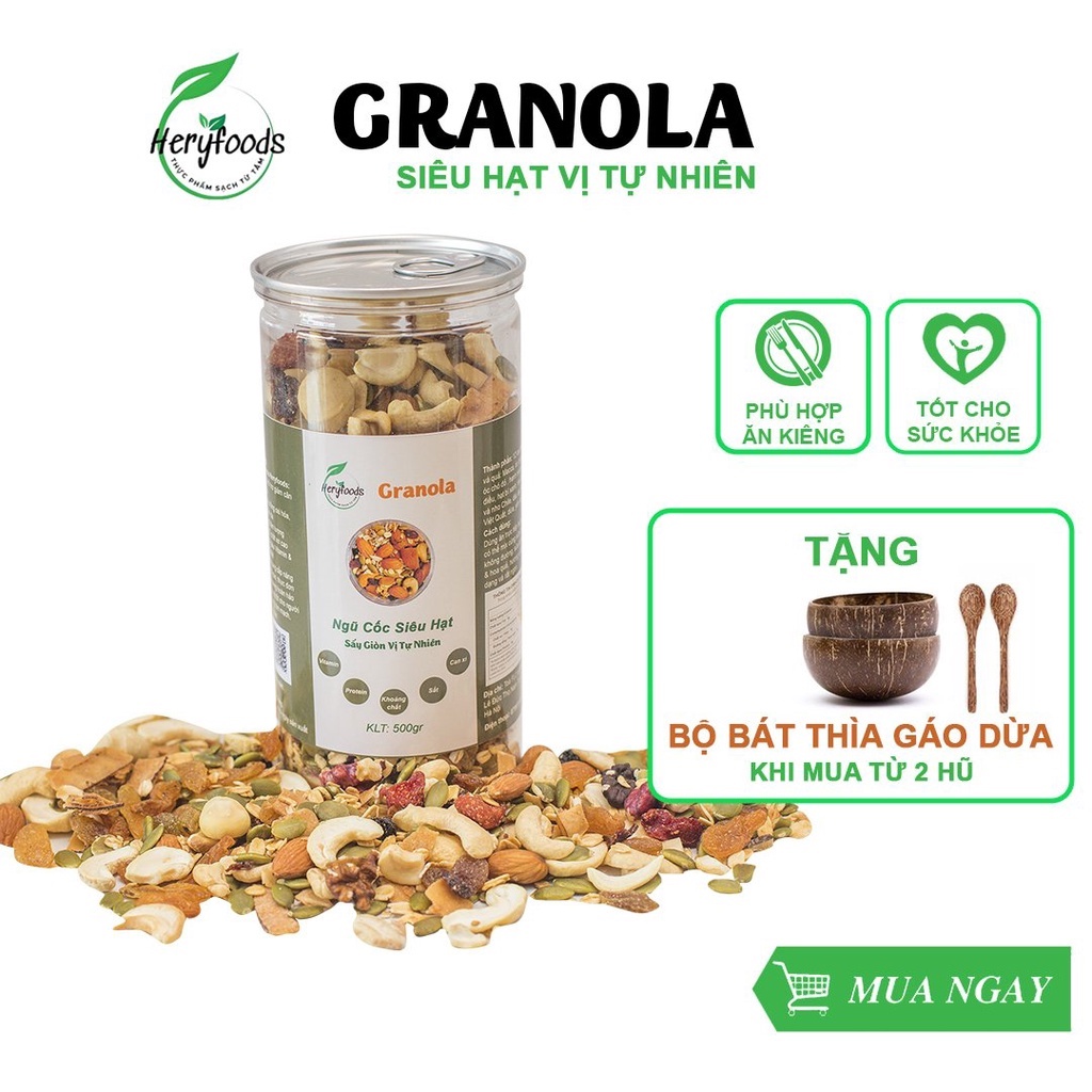 Ngũ cốc dinh dưỡng nguyên hạt granola ăn kiêng siêu hạt bổ sung thêm hạt óc chó, macca Heryfoods