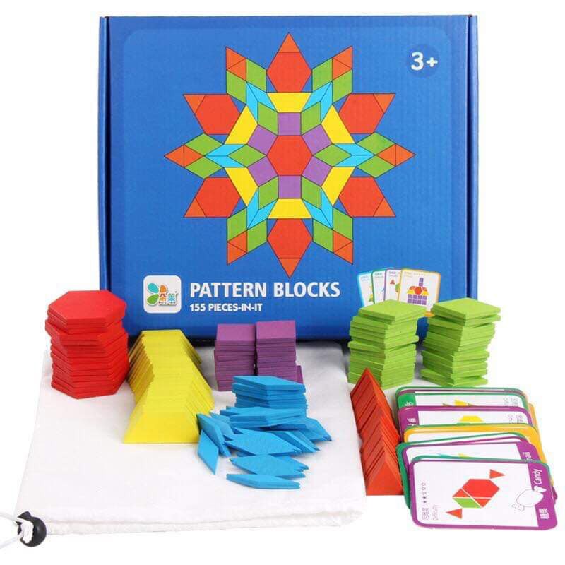 Bộ đồ chơi xếp hình sáng tạo Pattern Blocks 155 chi tiết kèm 24 thẻ mẫu cho bé