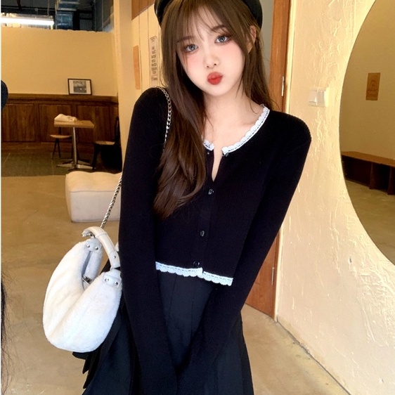 Áo len ZHELIHANGFEI tay dài lưng cao viền ren dễ phối đồ thời trang