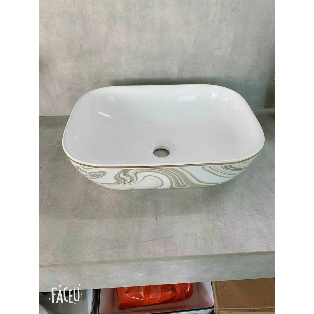 Chậu rửa mặt lavabo Đặt Bàn Đá LA17 HOA VĂN VÂN ĐÁ VÀNG, men NANO trắng sáng chống ố chống bám bẩn LAVABO LỚN